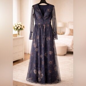 Elegant Navy Floral Evening Gown